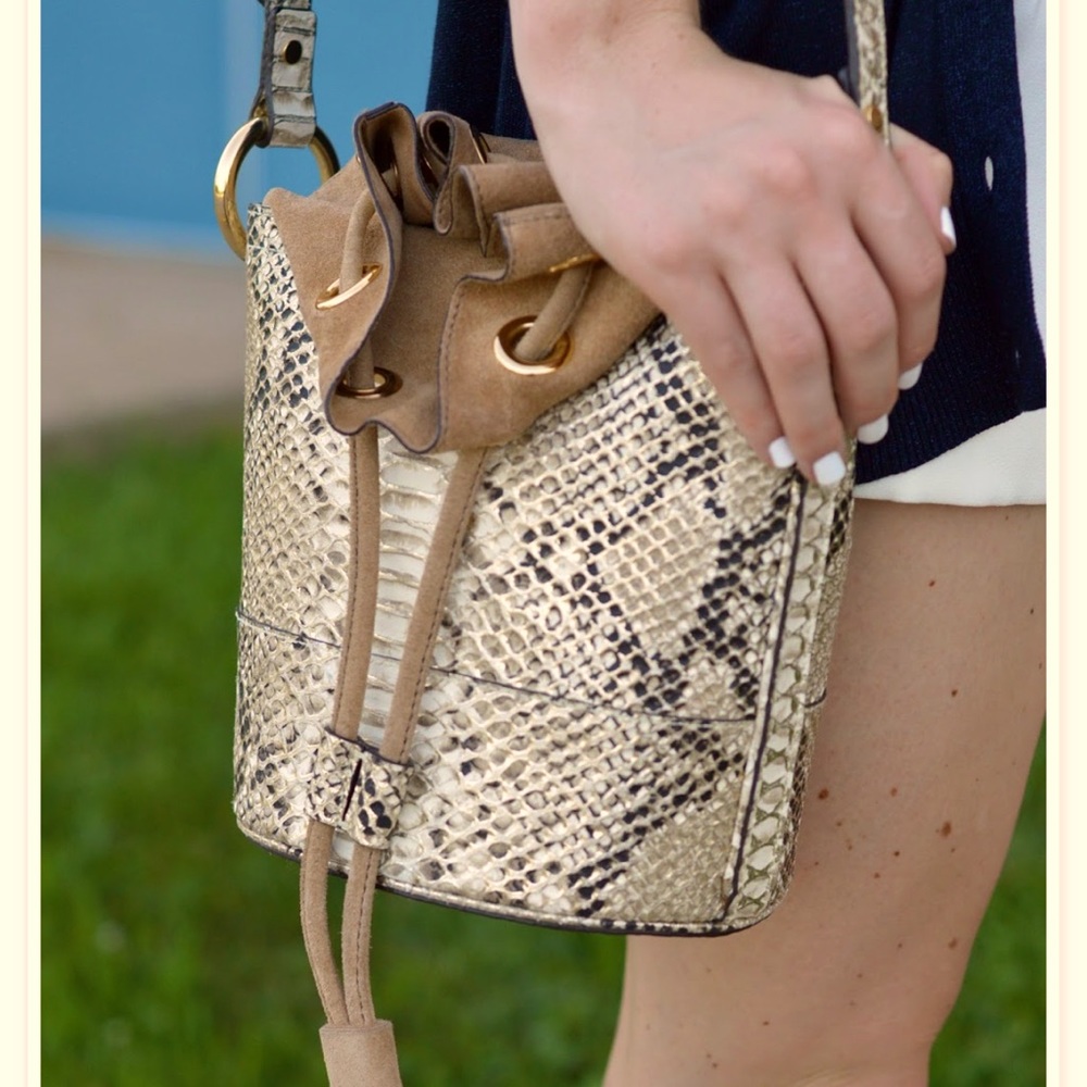 Banana Republic Metallic Snakeskin Drawstring Bucket Bag in Gold and Tan